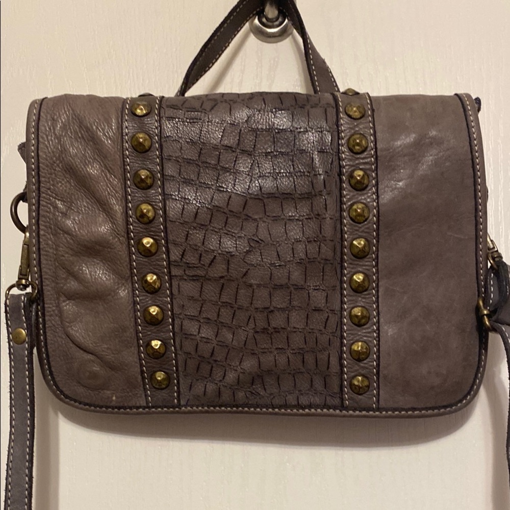 Italian leather Textured Crossbody Bag with Studded Accents